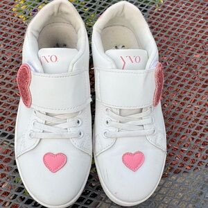 Girls White Fashion School Athletic Gym Sneakers with Pink Heart Accents, Size 3